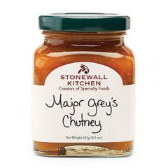 Stonewall Kitchen Major Grey's Chutney bottle showing sweet and savory pairing with cheeses