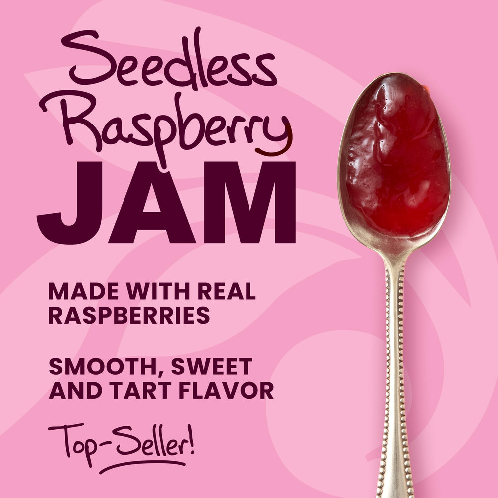 Stonewall Kitchen Seedless Raspberry Jam closeup shows ripe berries.