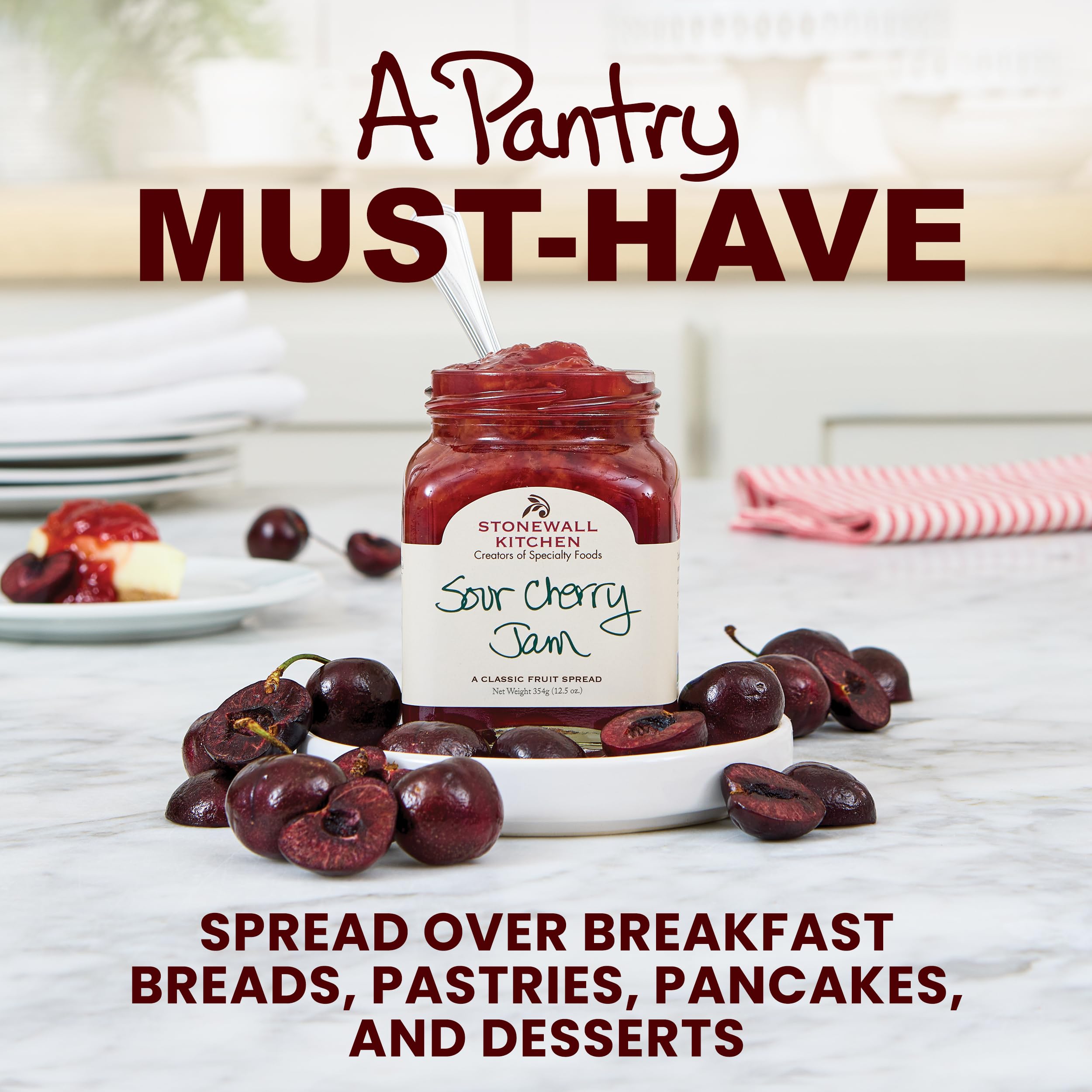 Close-up of Stonewall Kitchen Sour Cherry Jam bottle and label