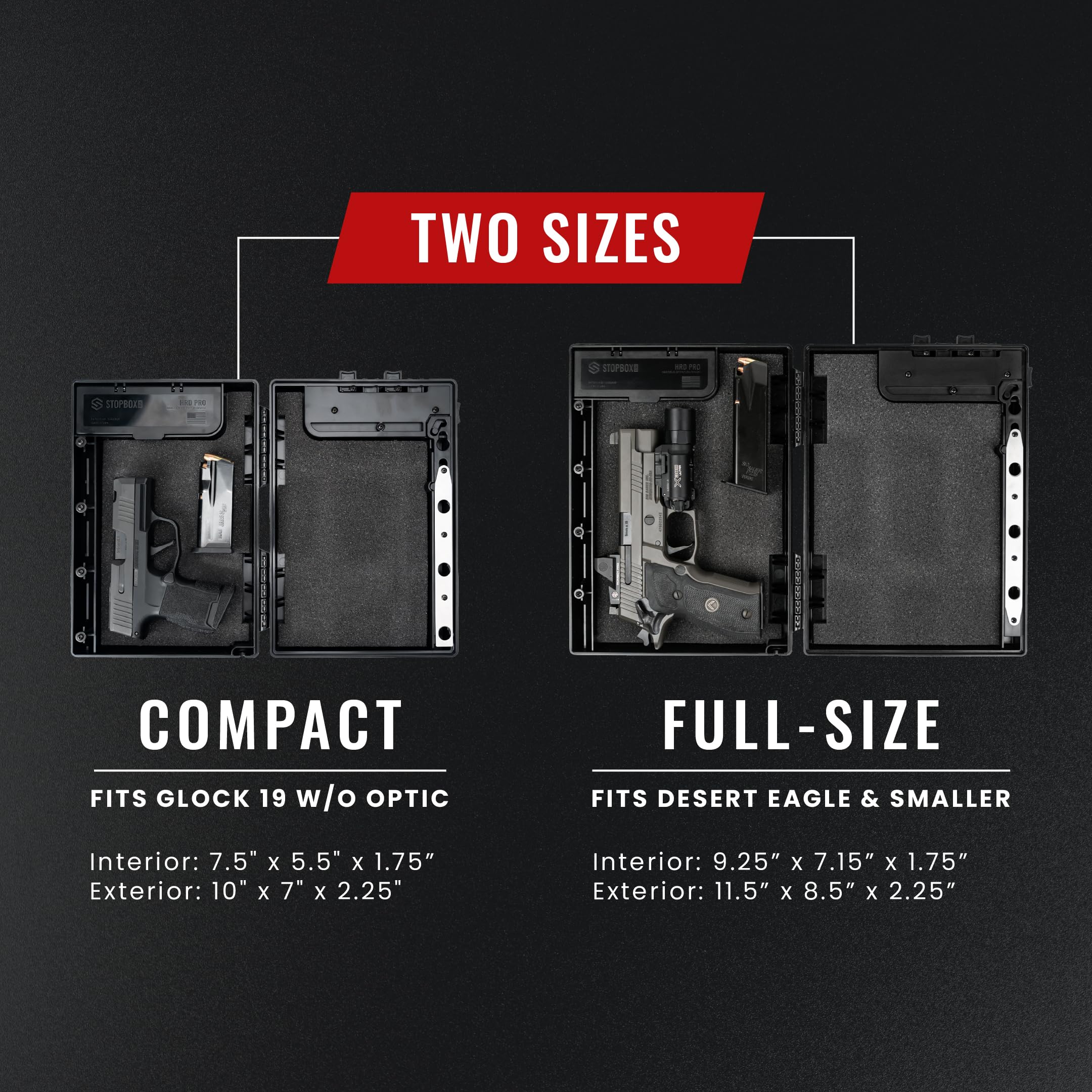 StopBox USA Pro full-size interior layout highlighting handgun compartment for quick access.