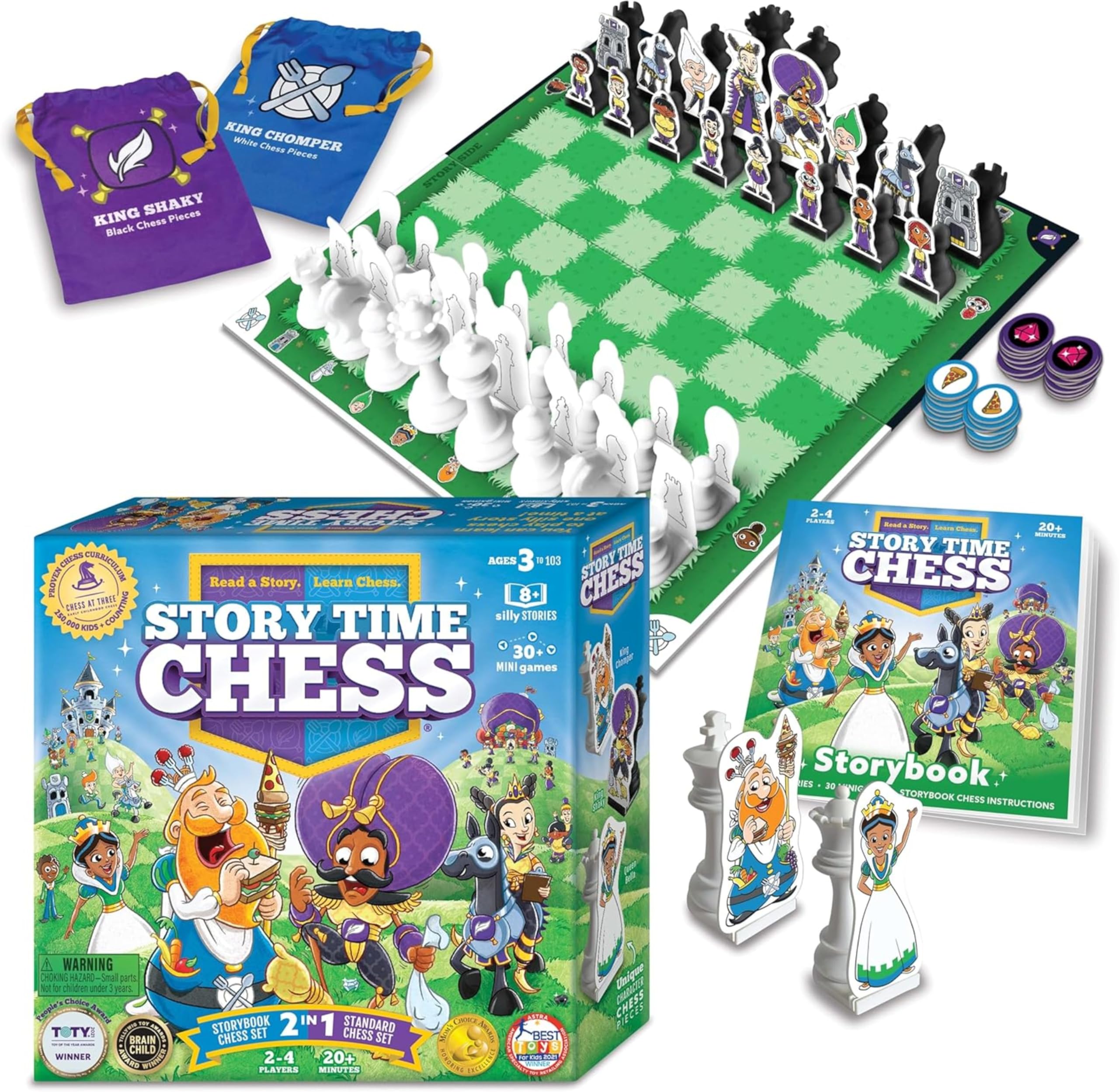 Story Time Chess board and pieces designed for interactive family learning.