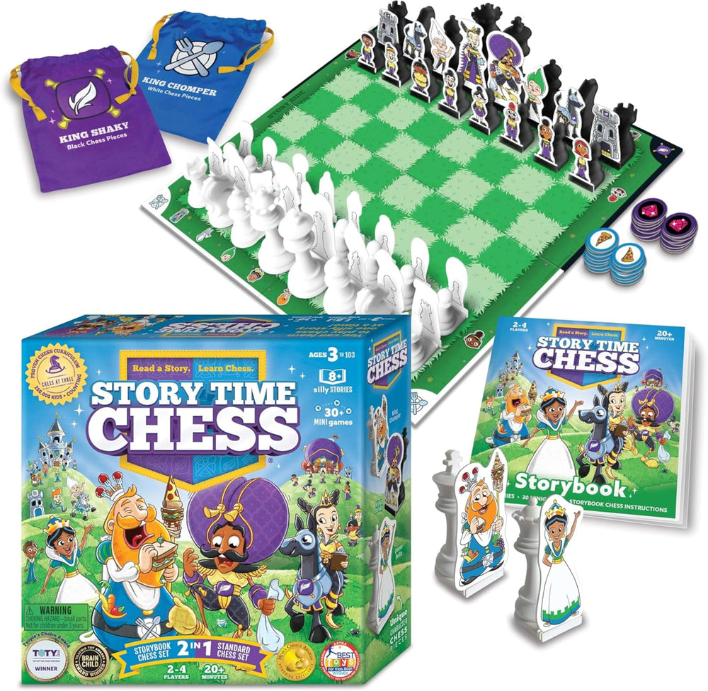 Story Time Chess board and pieces designed for interactive family learning.