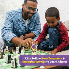 Child plays Story Time Chess with storytelling cues to learn rules.