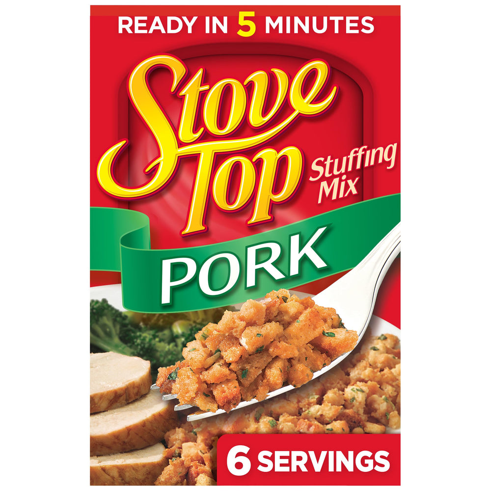 Stove Top Pork Stuffing Mix box shown as a quick, fluffy side for meals.