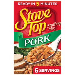Stove Top Pork Stuffing Mix box shown as a quick, fluffy side for meals.