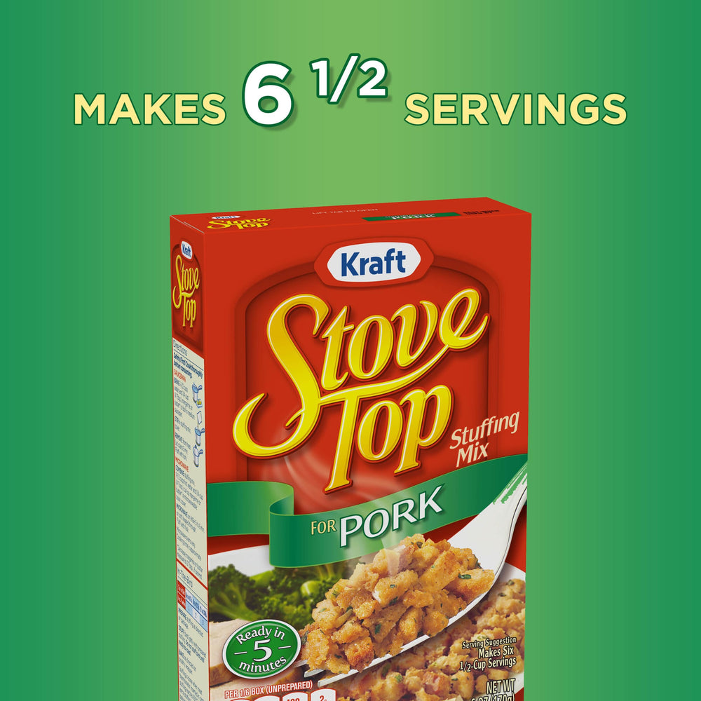 Stove Top Pork Stuffing Mix provides quick five-minute prep to start your meal.