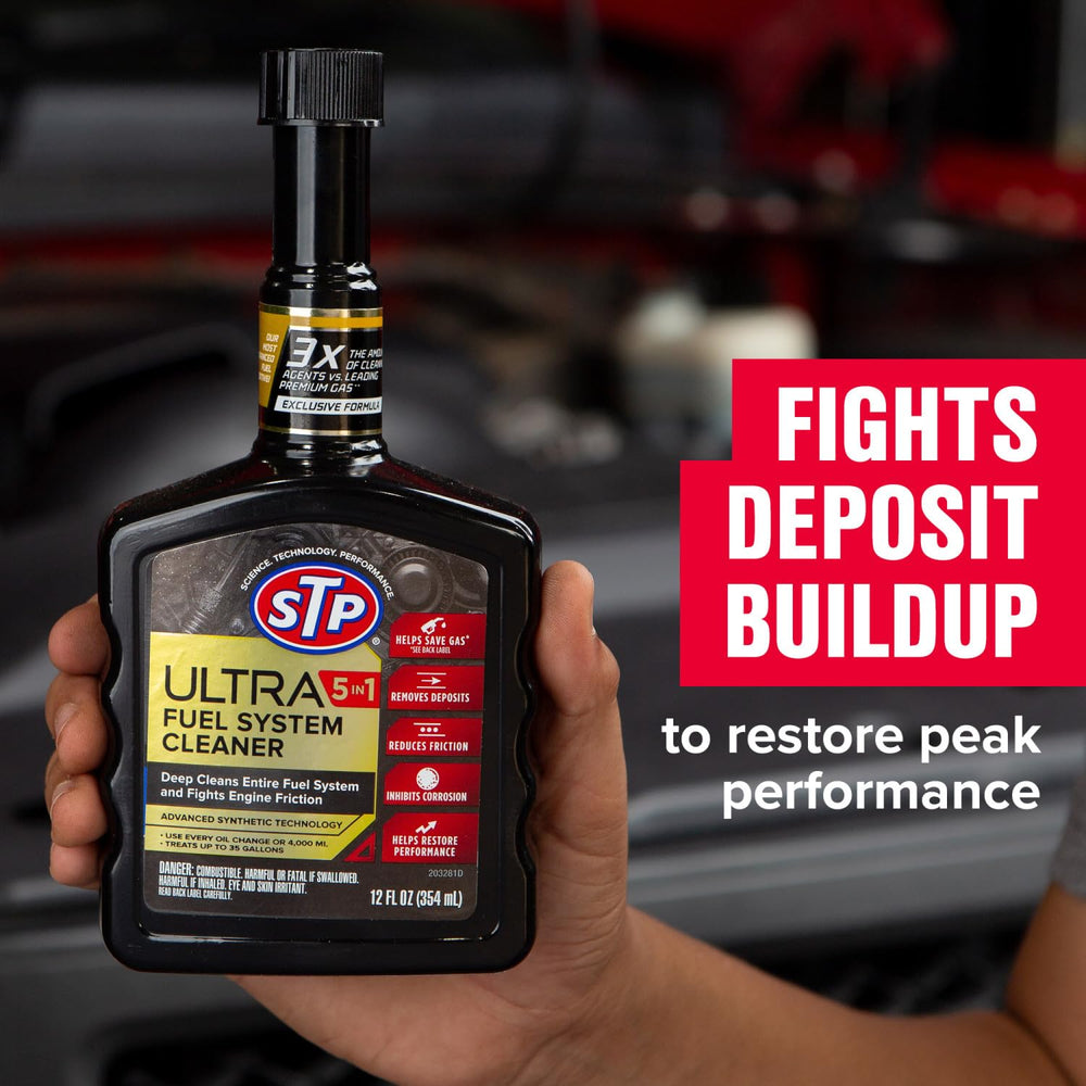 STP Ultra 5in1 label closeup highlights detergents for deposit removal.