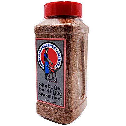 Strawberrys Grand Champion Shake-On BBQ Seasoning bottle ideal for grilling pork, poultry, beef or fish