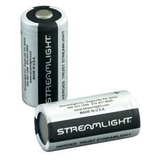 Streamlight 85175 two-pack CR123A batteries powering flashlights with reliable longevity.