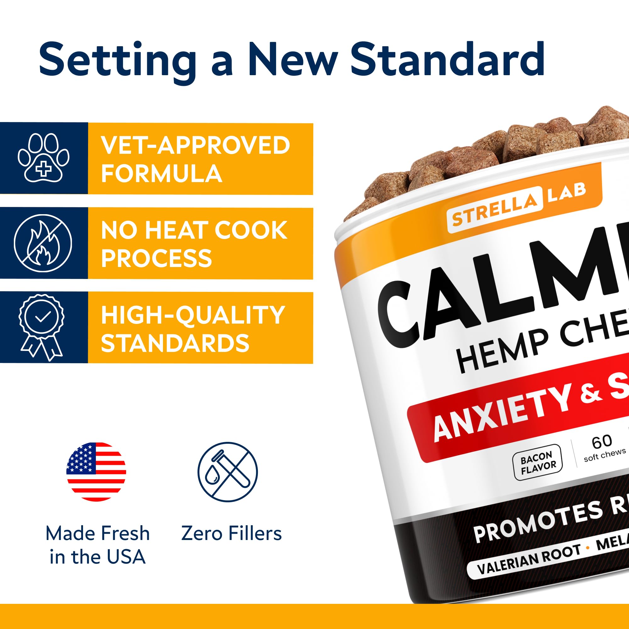 Front label of STRELLALAB calming chews highlighting Made in USA.