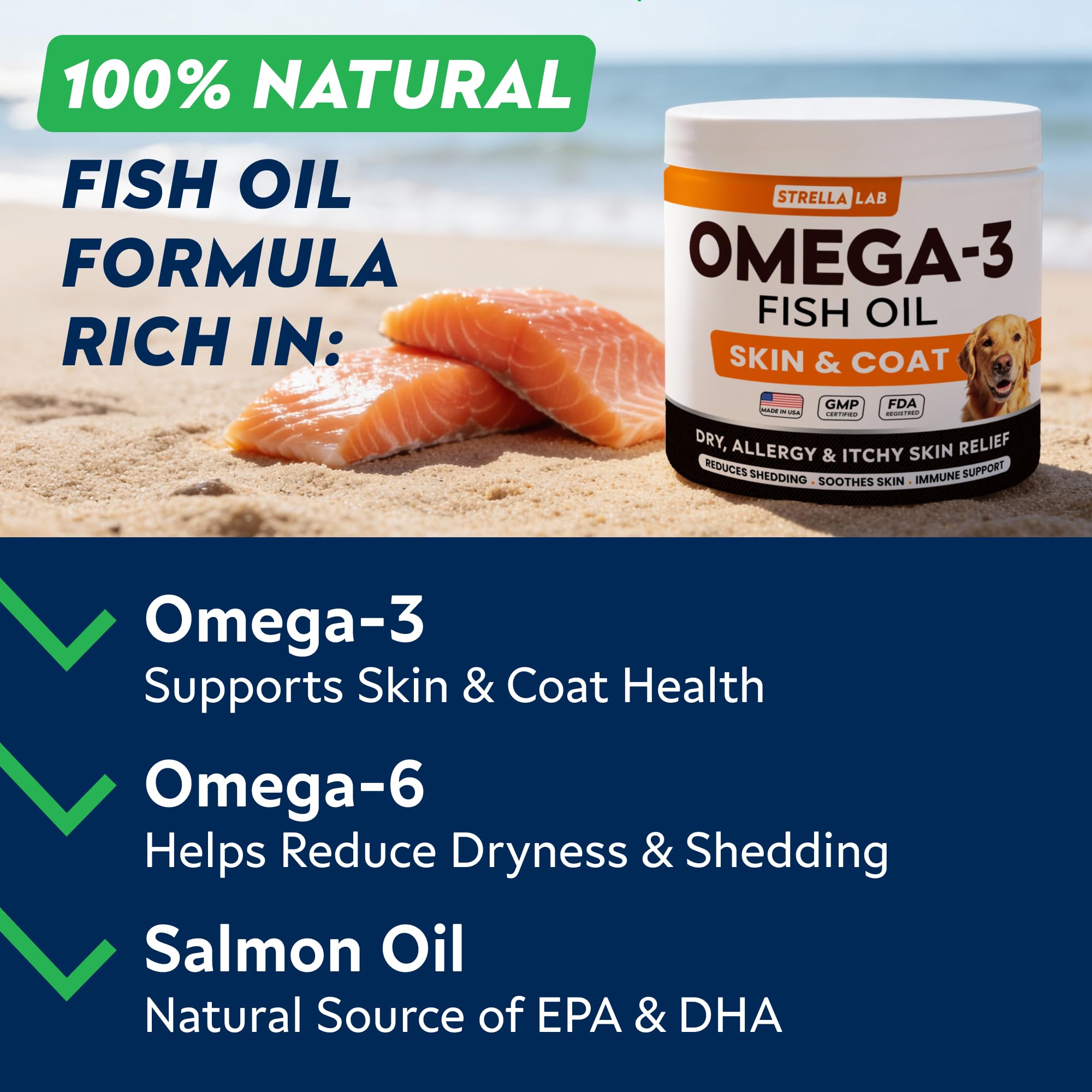 STRELLALAB Omega3 chicken-flavor treats pack shown for tasty omega nutrition.