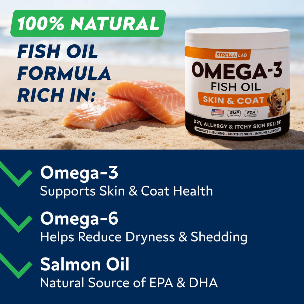 STRELLALAB Omega3 chicken-flavor treats pack shown for tasty omega nutrition.