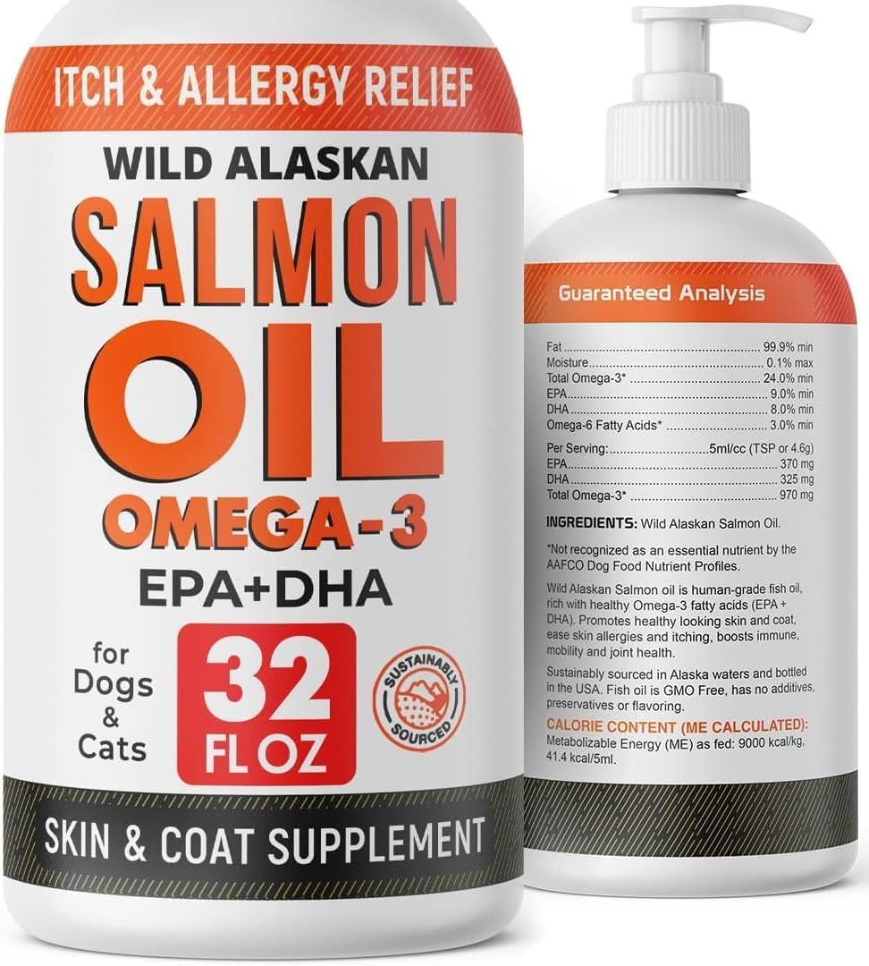StrellaLab salmon oil bottle closeup highlighting premium wild Alaskan salmon for dogs