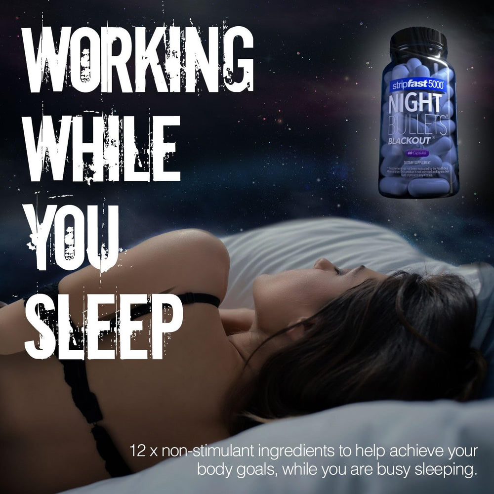 stripfast5000 Night Bullets capsules close-up highlight easy-to-swallow vegan formula.
