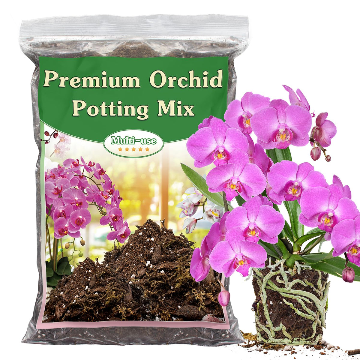 Stroller Orchid Potting Mix 1qt bag for easy repotting and drainage.
