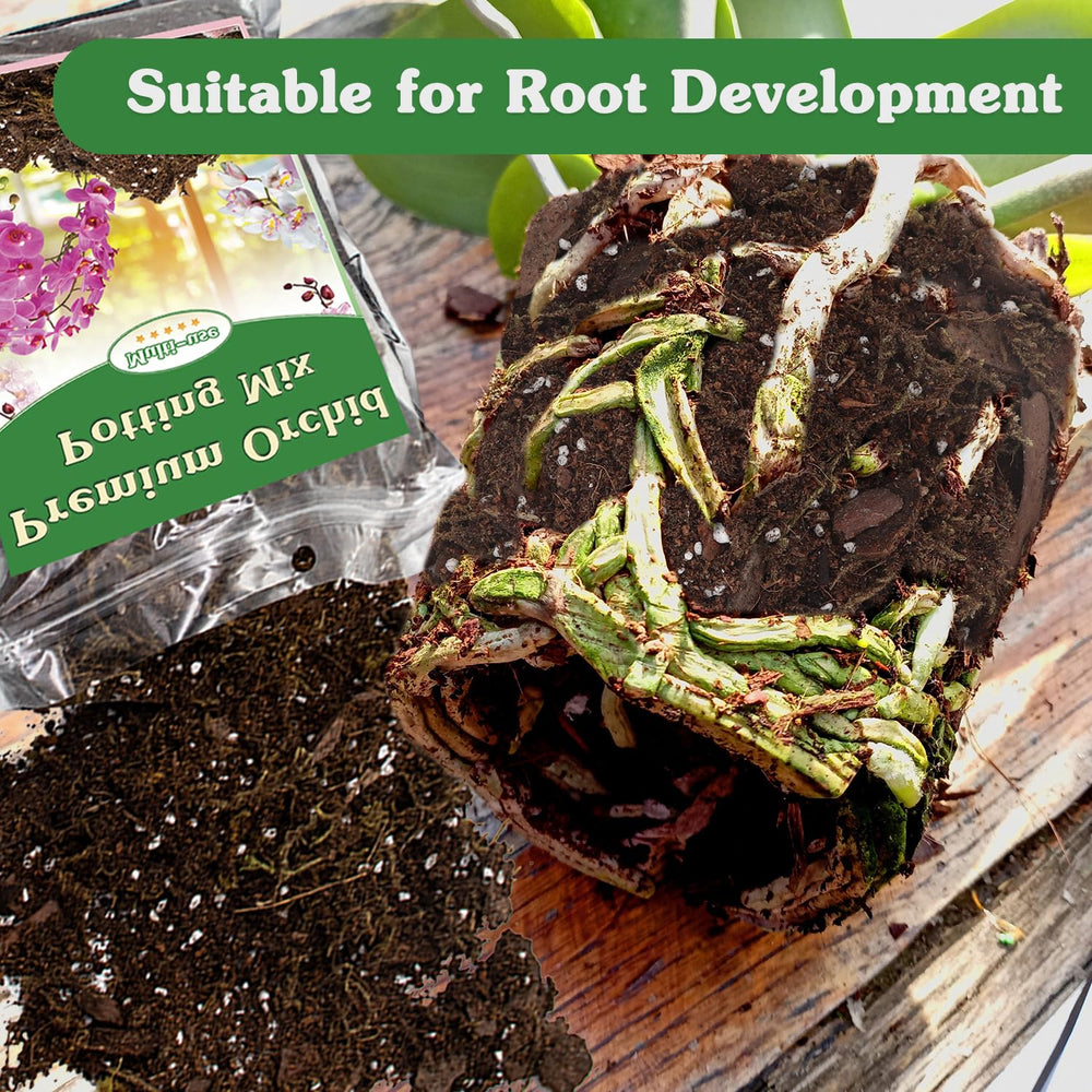 Pine bark promotes airflow and root breathing in orchid pots.