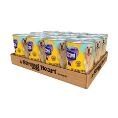 Strongheart beef-bacon-cheese can close-up showing real meat for protein and flavor.