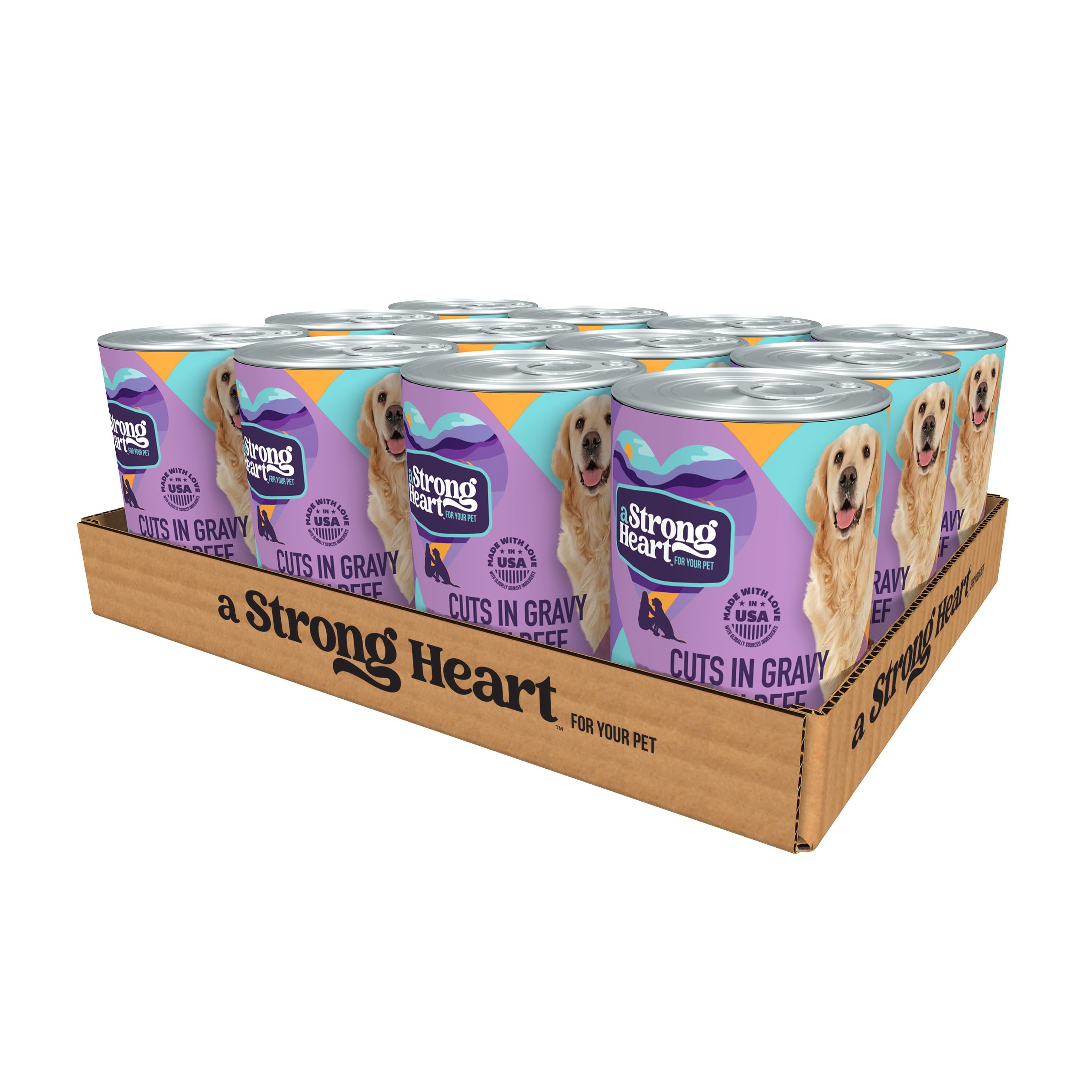 Strongheart wet dog food beef in gravy can front shows real beef for a satisfying meal.