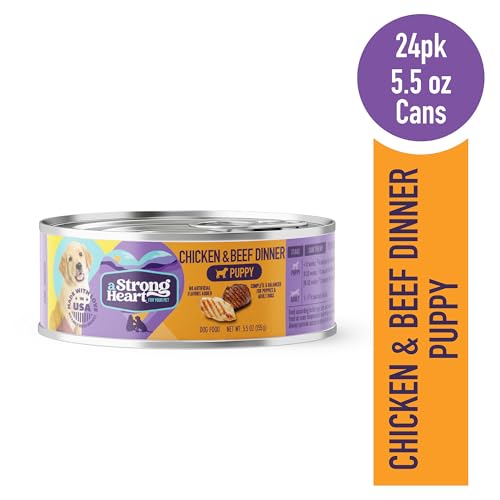 Strongheart puppy food cans close-up showing real chicken and beef flavor.