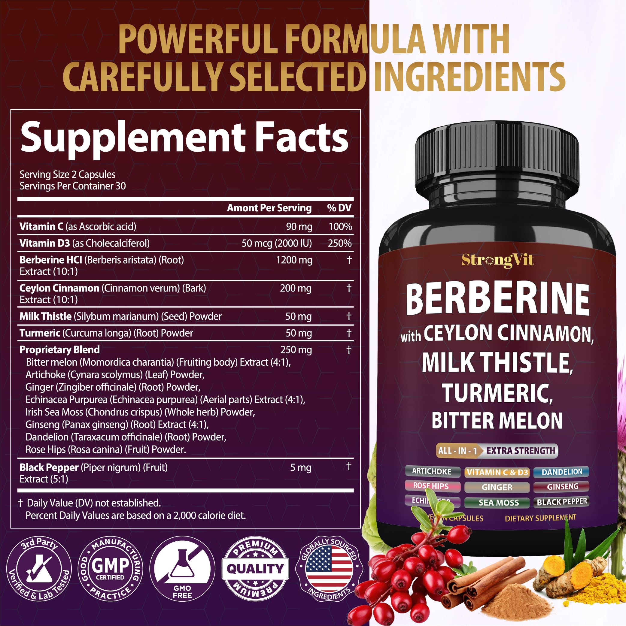 StrongVit Berberine Cinnamon capsules for convenient daily wellness.
