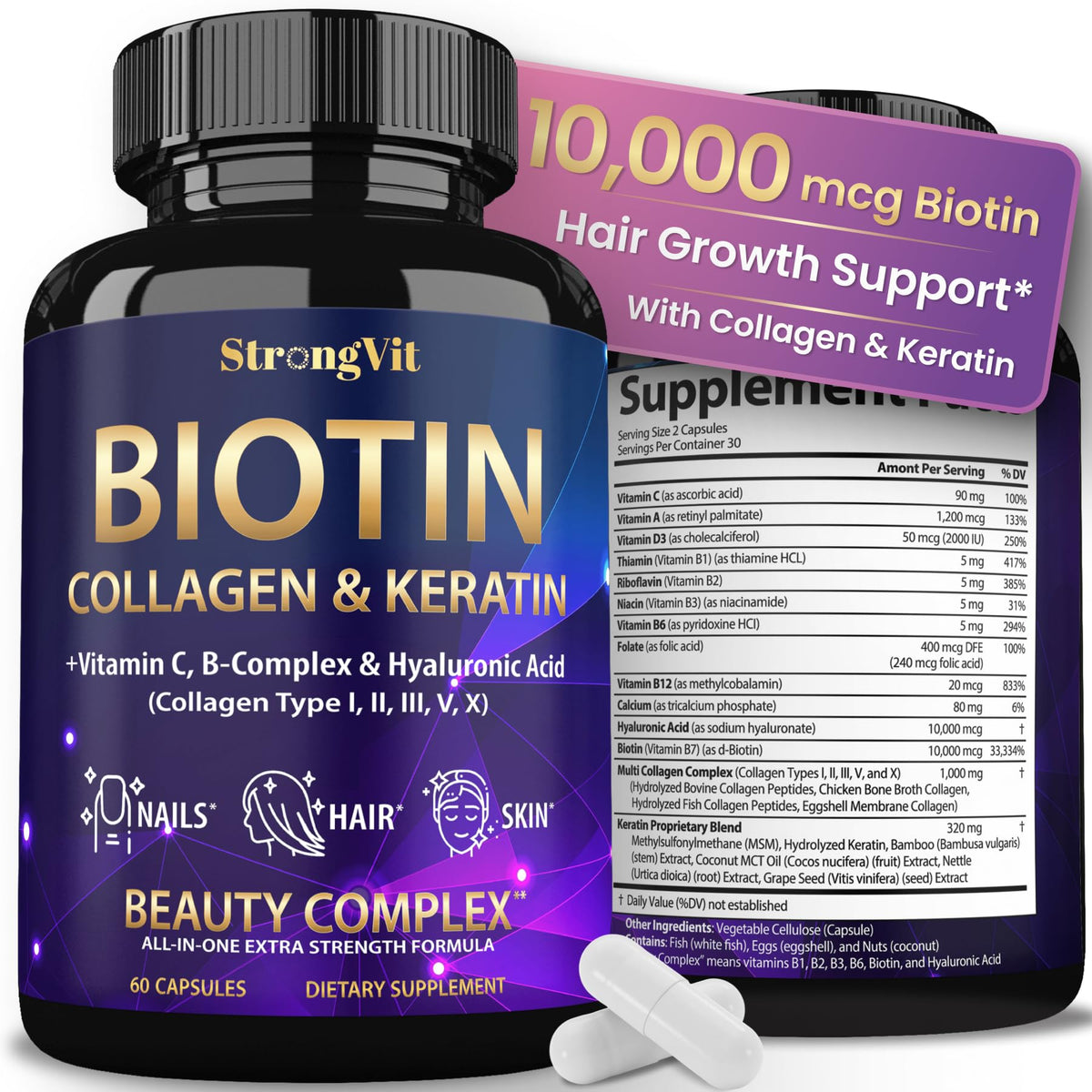 StrongVit Biotin Hyaluronic Acid capsules for hair support and skin glow.