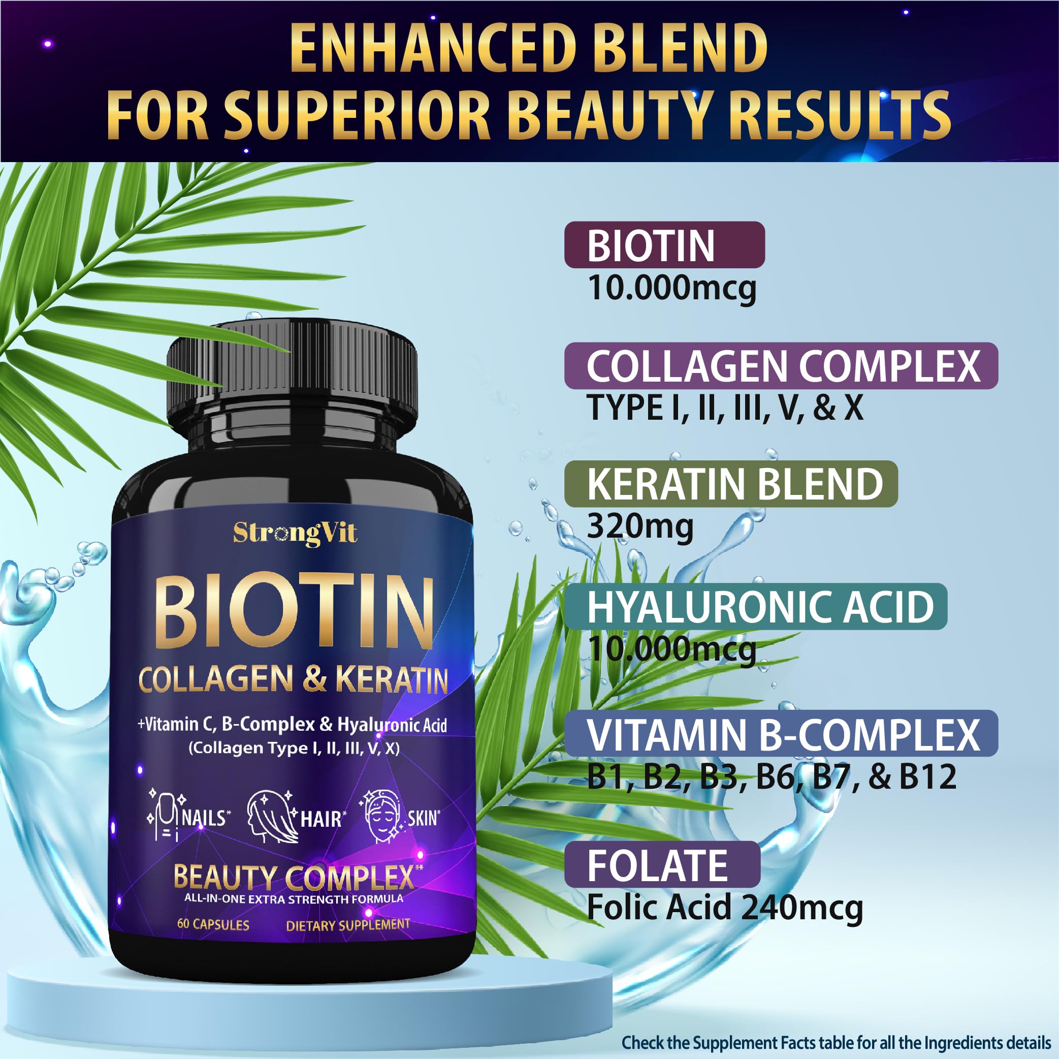 StrongVit collagen-keratin capsules promoting hair strength and nail resilience.