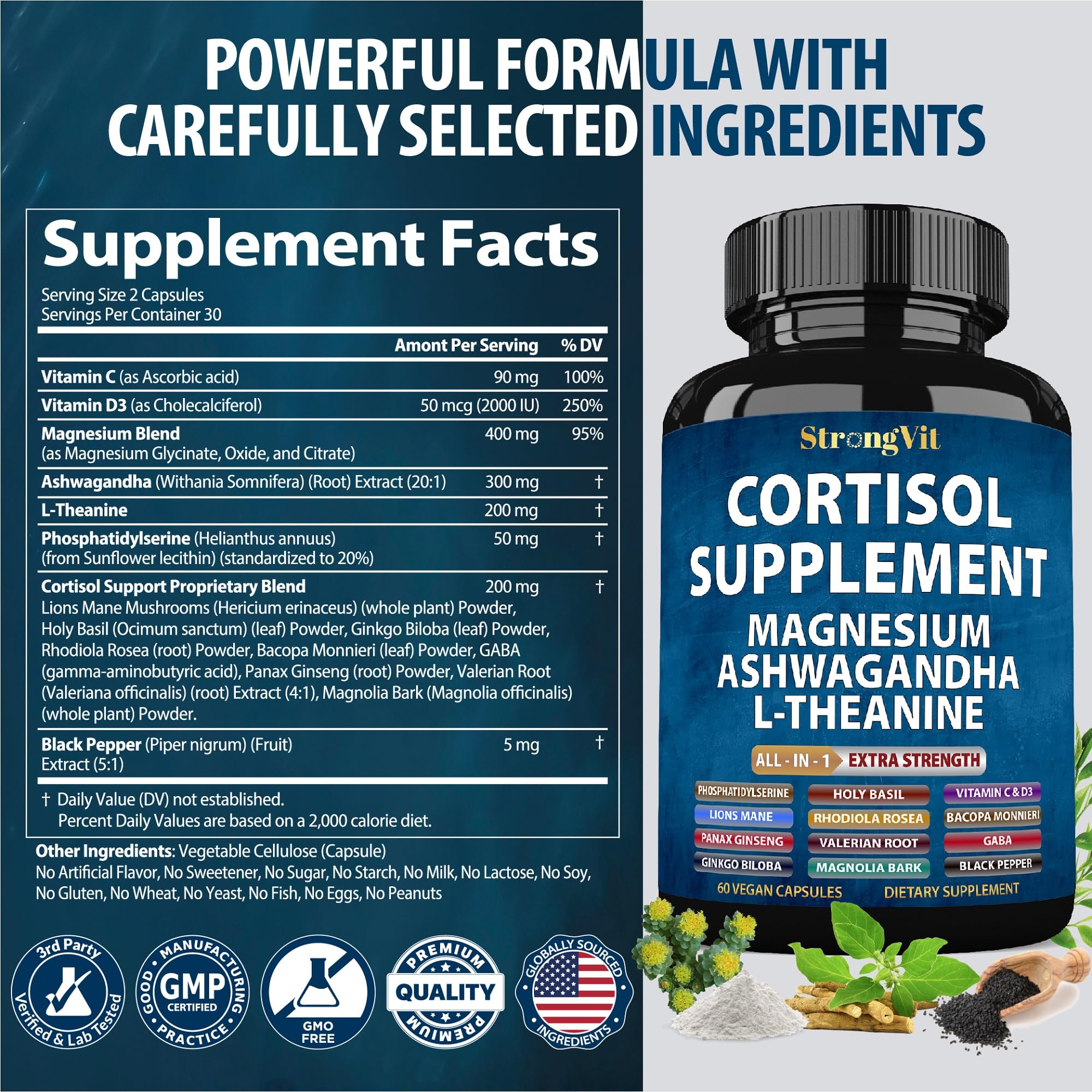 StrongVit cortisol supplements bottle back with usage instructions