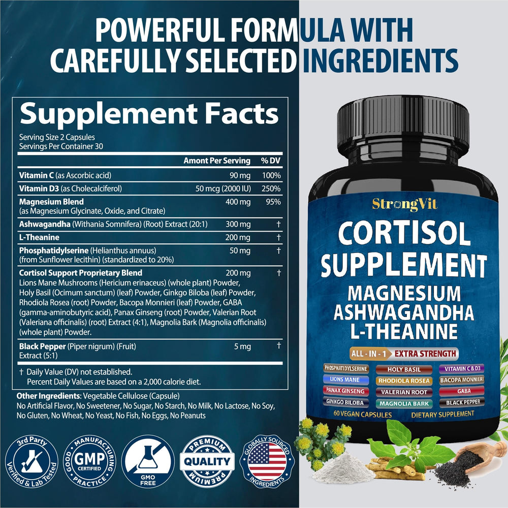 StrongVit cortisol supplements bottle back with usage instructions