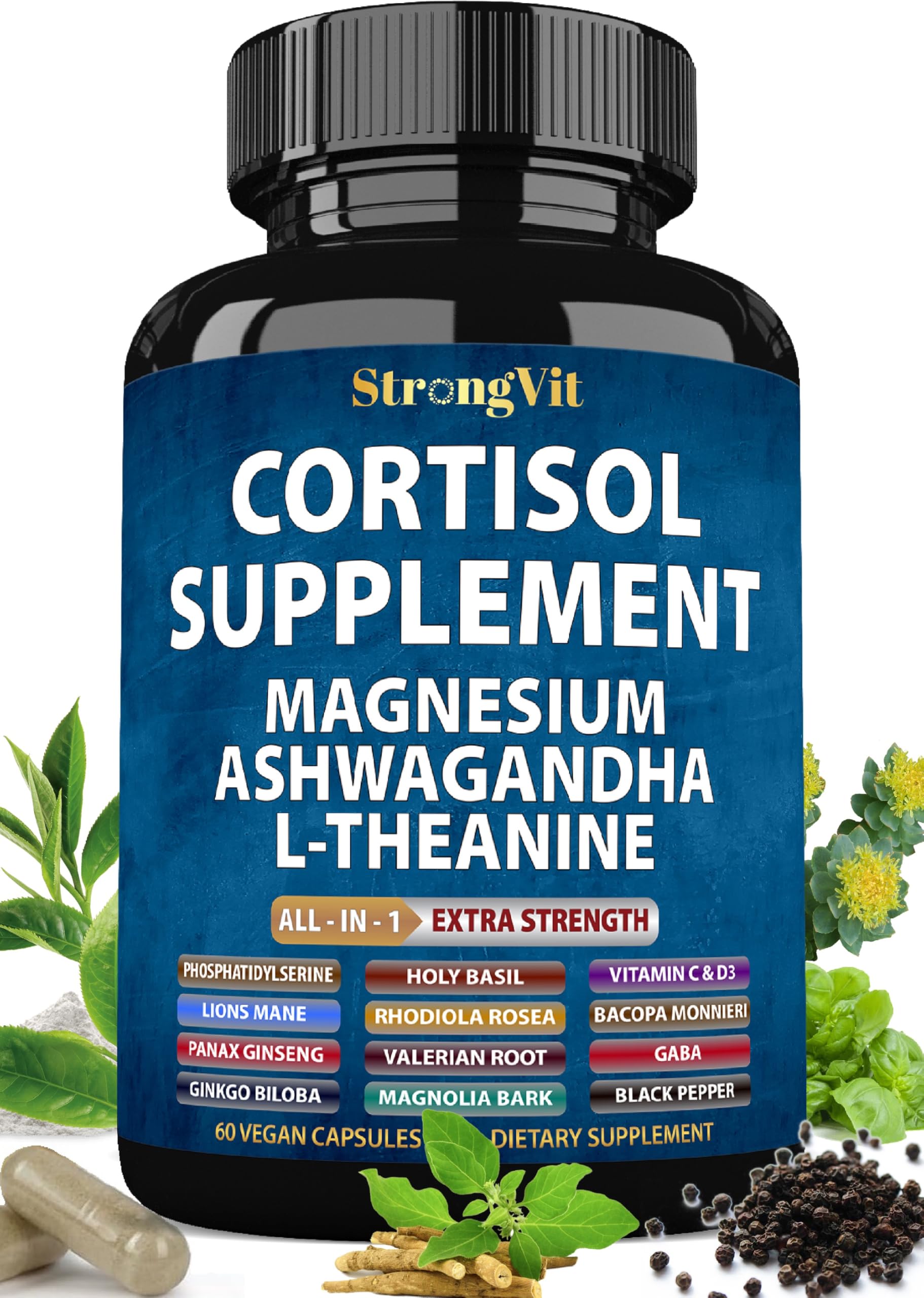 StrongVit cortisol supplements bottle front showing stress support label
