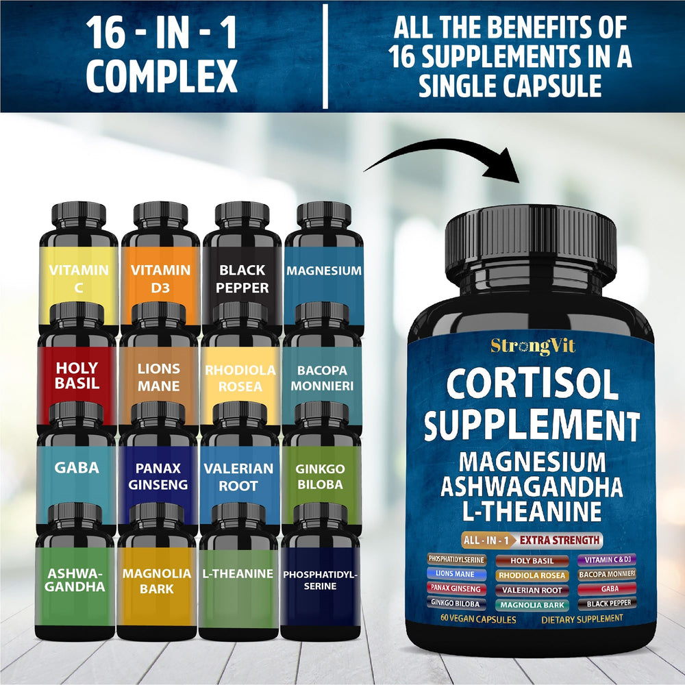 StrongVit cortisol supplements ingredients panel with minerals and adaptogens