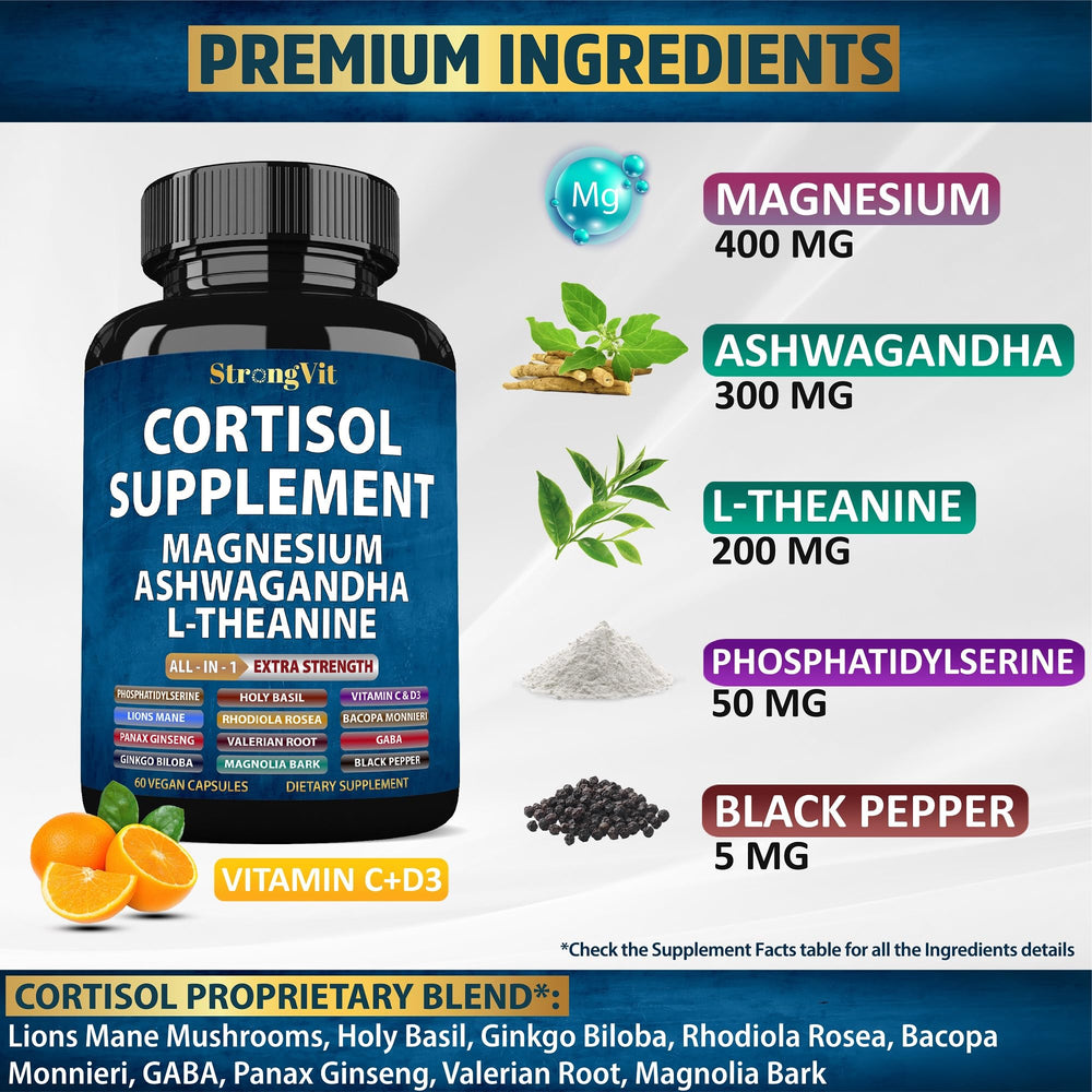 StrongVit cortisol supplements label closeup highlighting magnesium and ashwagha