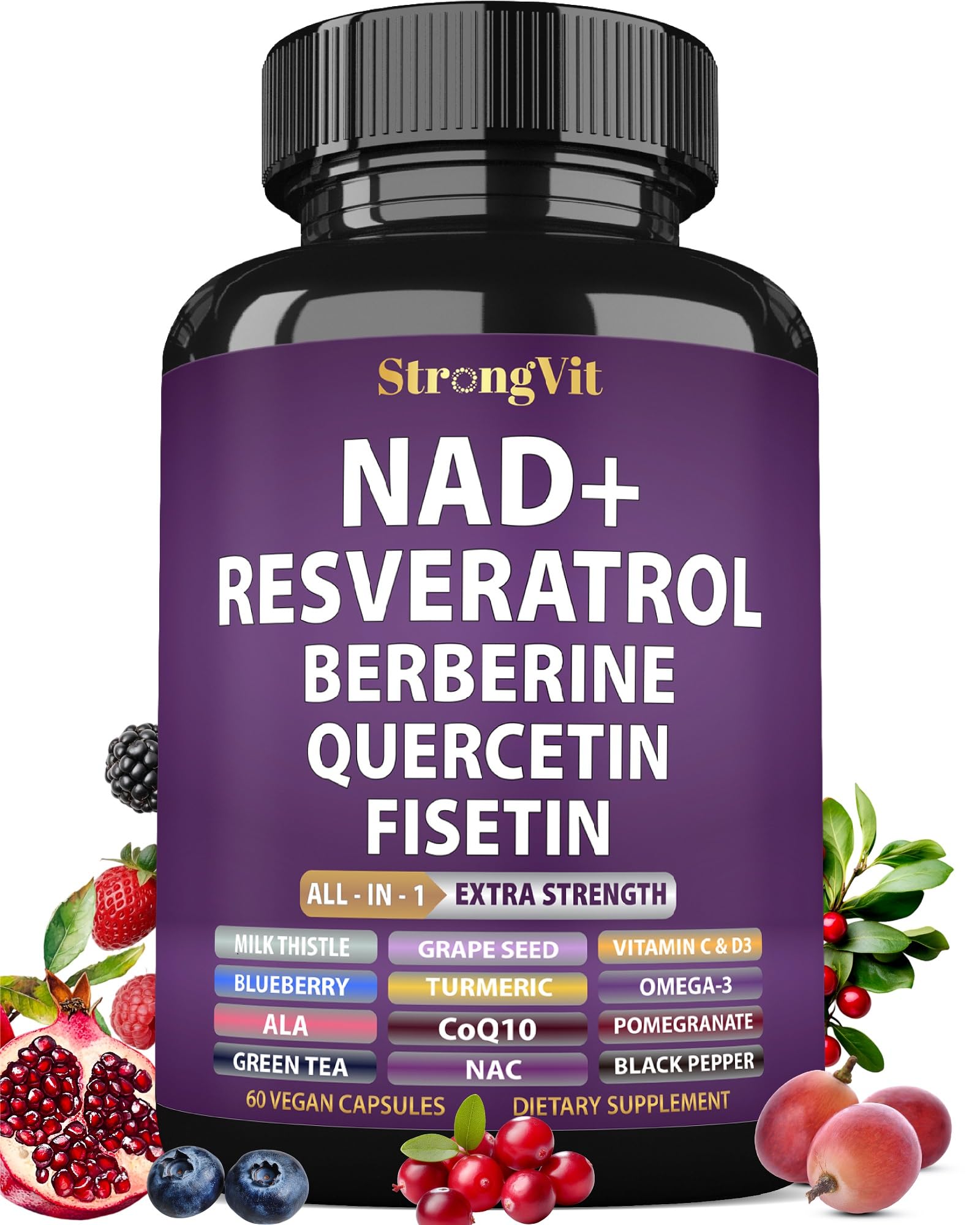 StrongVit NAD Resveratrol bottle for daily wellness support.