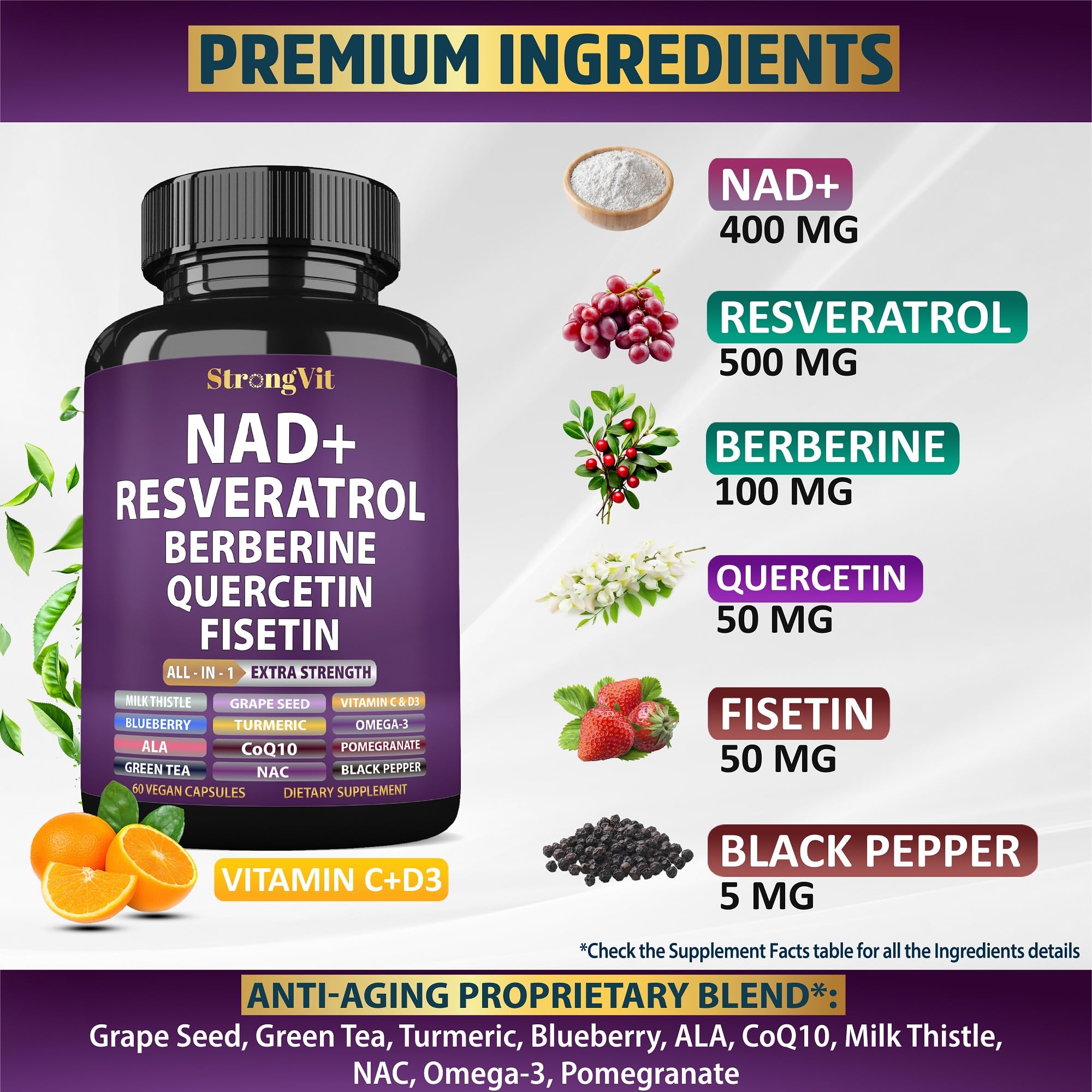 StrongVit NAD Resveratrol capsules close-up for easy daily dosing.