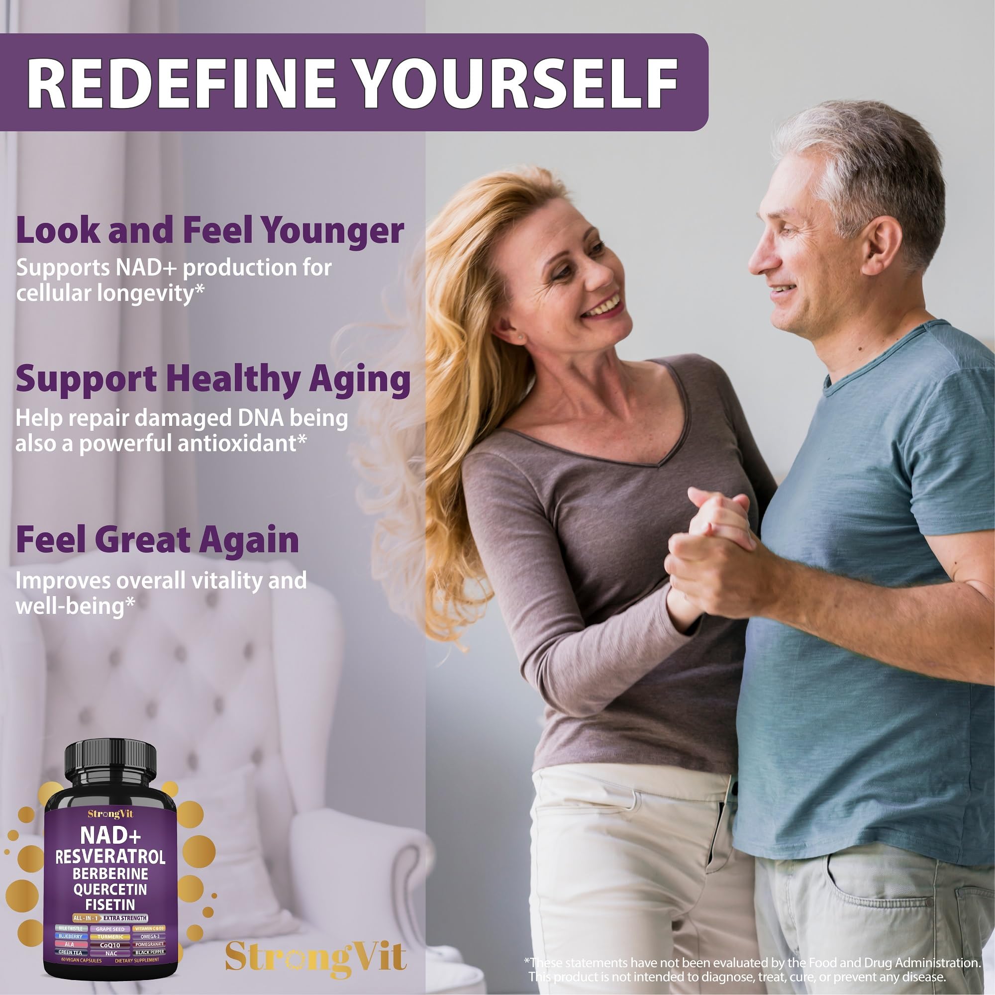 StrongVit NAD Resveratrol ingredients panel highlighting high-quality compounds.
