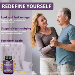 StrongVit NAD Resveratrol ingredients panel highlighting high-quality compounds.