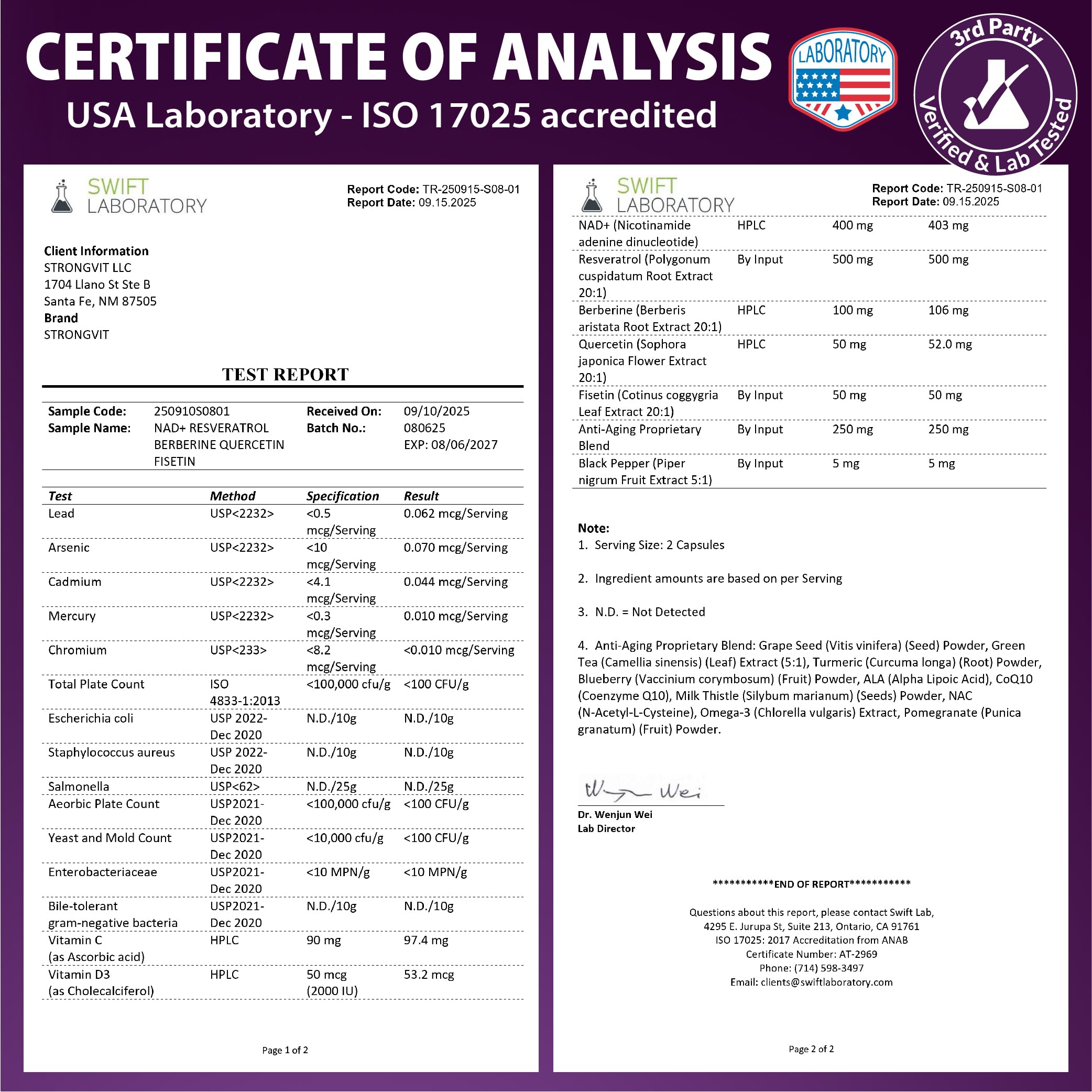 StrongVit NAD Resveratrol third-party lab seal ensuring purity and potency.