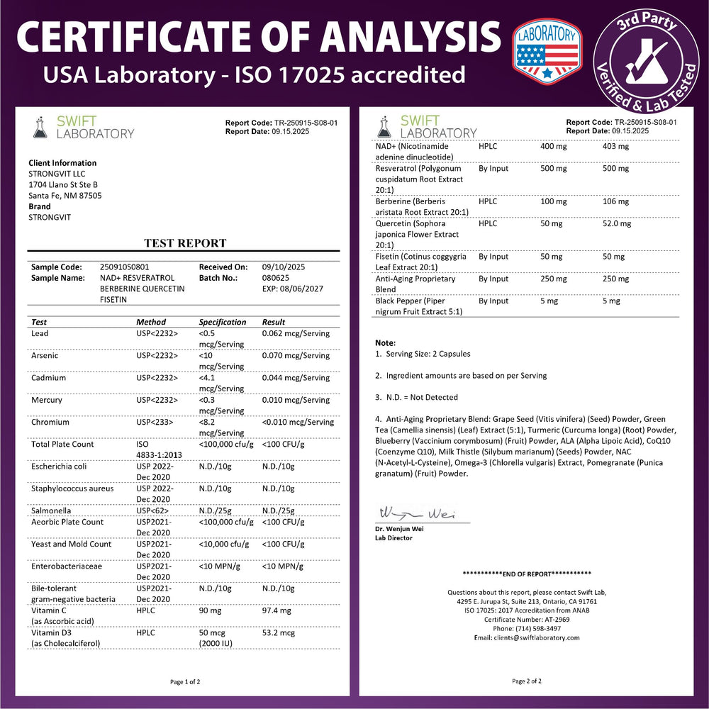 StrongVit NAD Resveratrol third-party lab seal ensuring purity and potency.