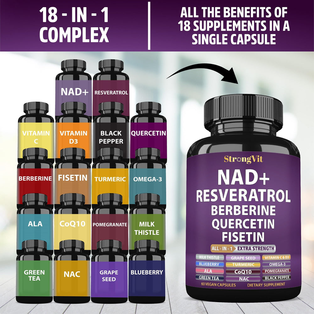 StrongVit NAD Resveratrol symbols showing vegan and gluten-free suitability.