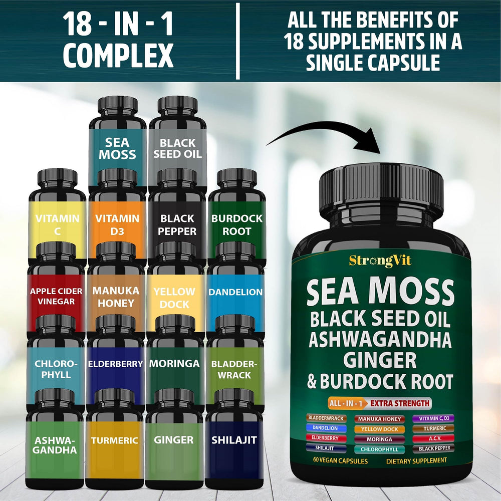 StrongVit Sea Moss black seed oil close-up signals potent all-in-one capsules.