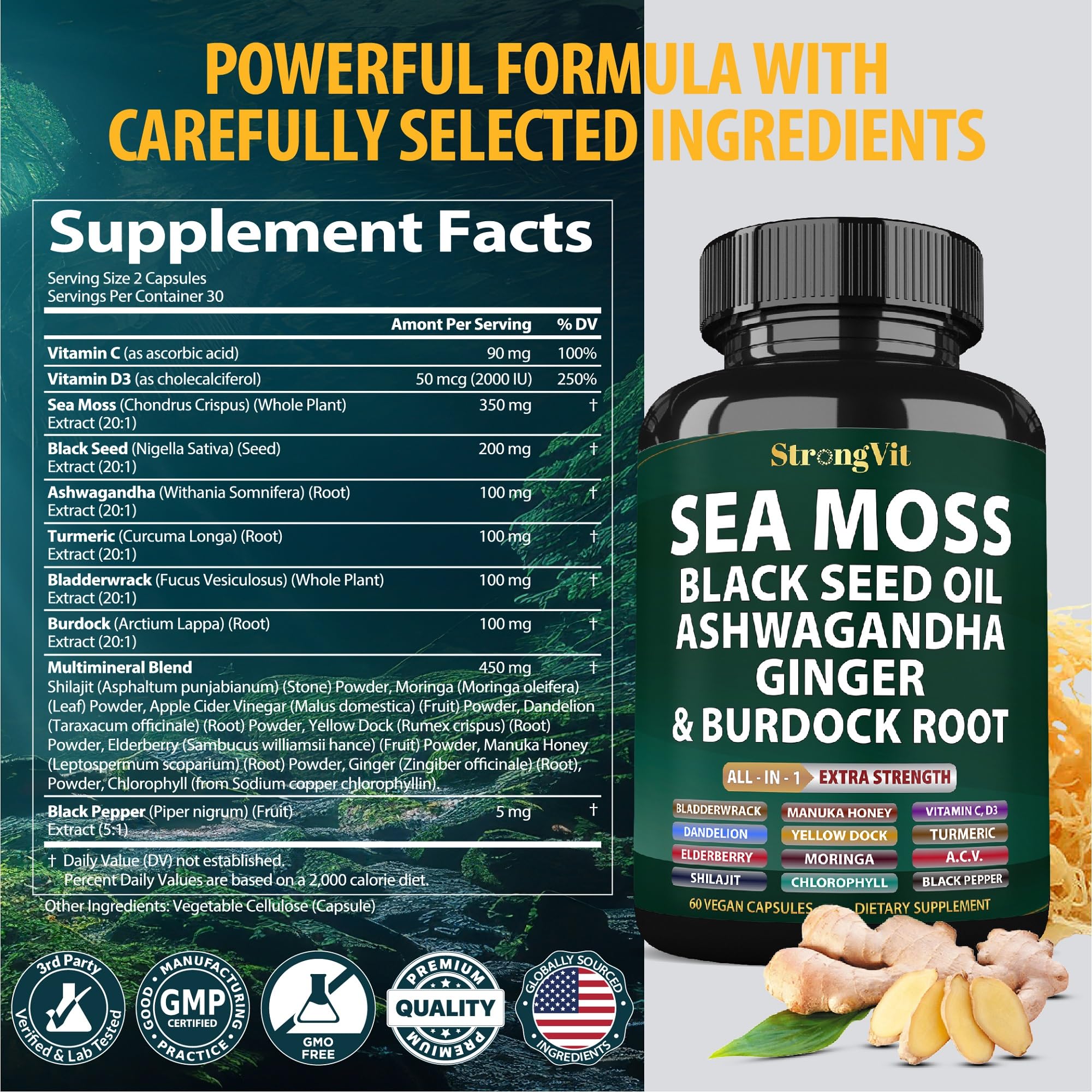 StrongVit Sea Moss bladderwrack shot showcases nutrient-rich seaweed blend.