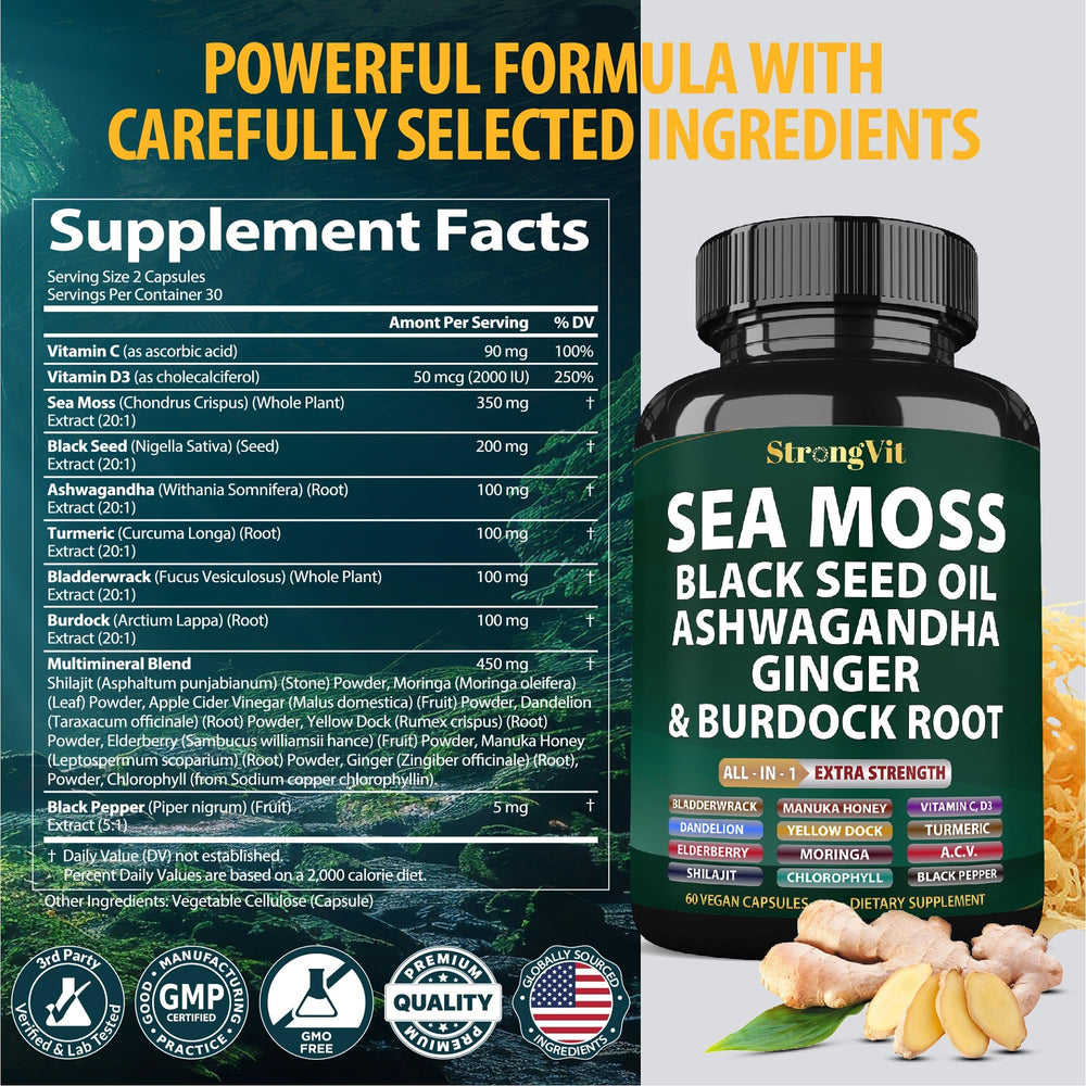StrongVit Sea Moss bladderwrack shot showcases nutrient-rich seaweed blend.