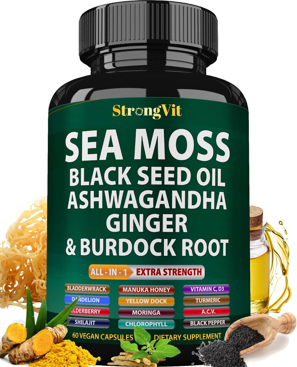 StrongVit Sea Moss bottle front view highlighting a premium multimineral blend for daily vitality.