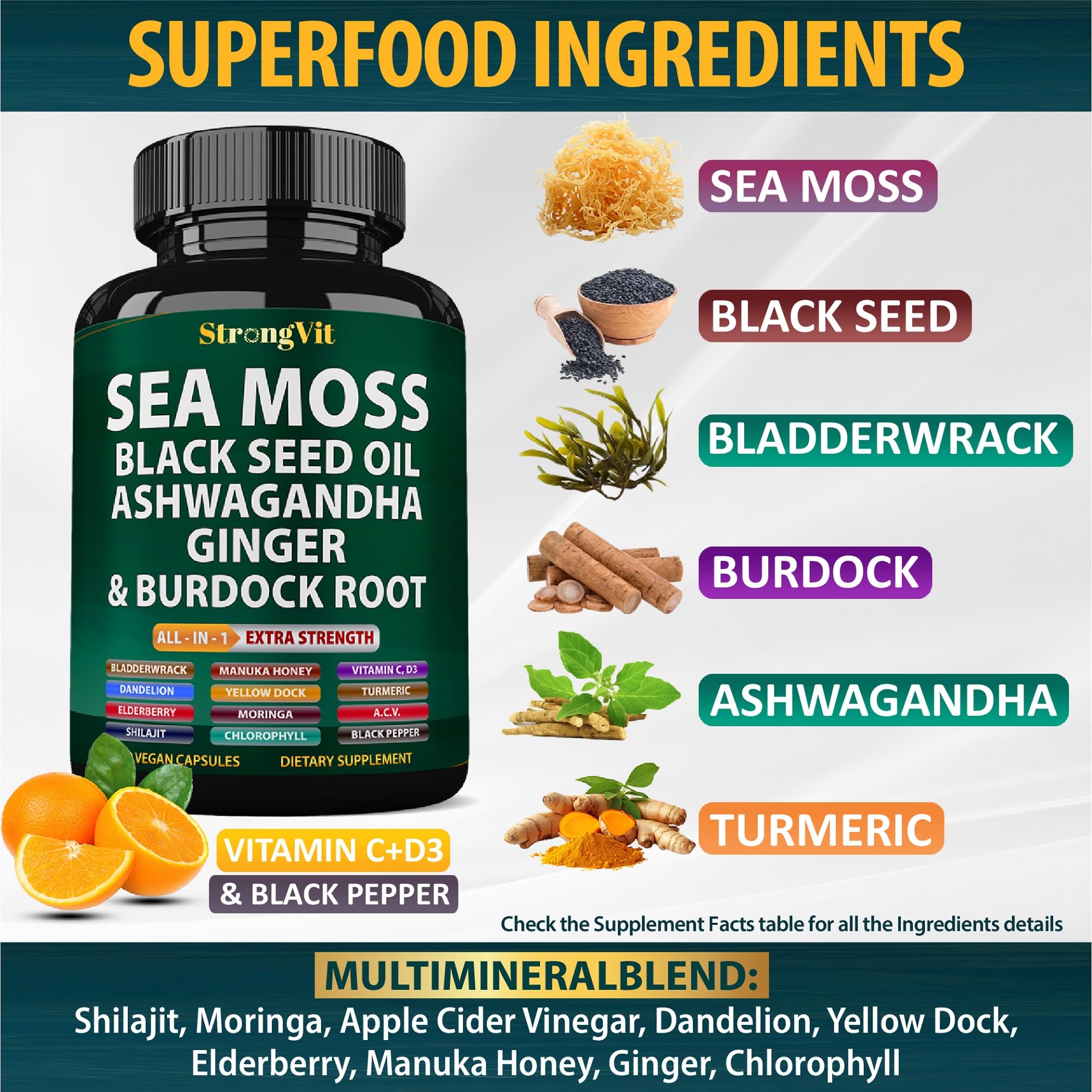 StrongVit Sea Moss capsules close-up showing convenient all-in-one wellness capsules.