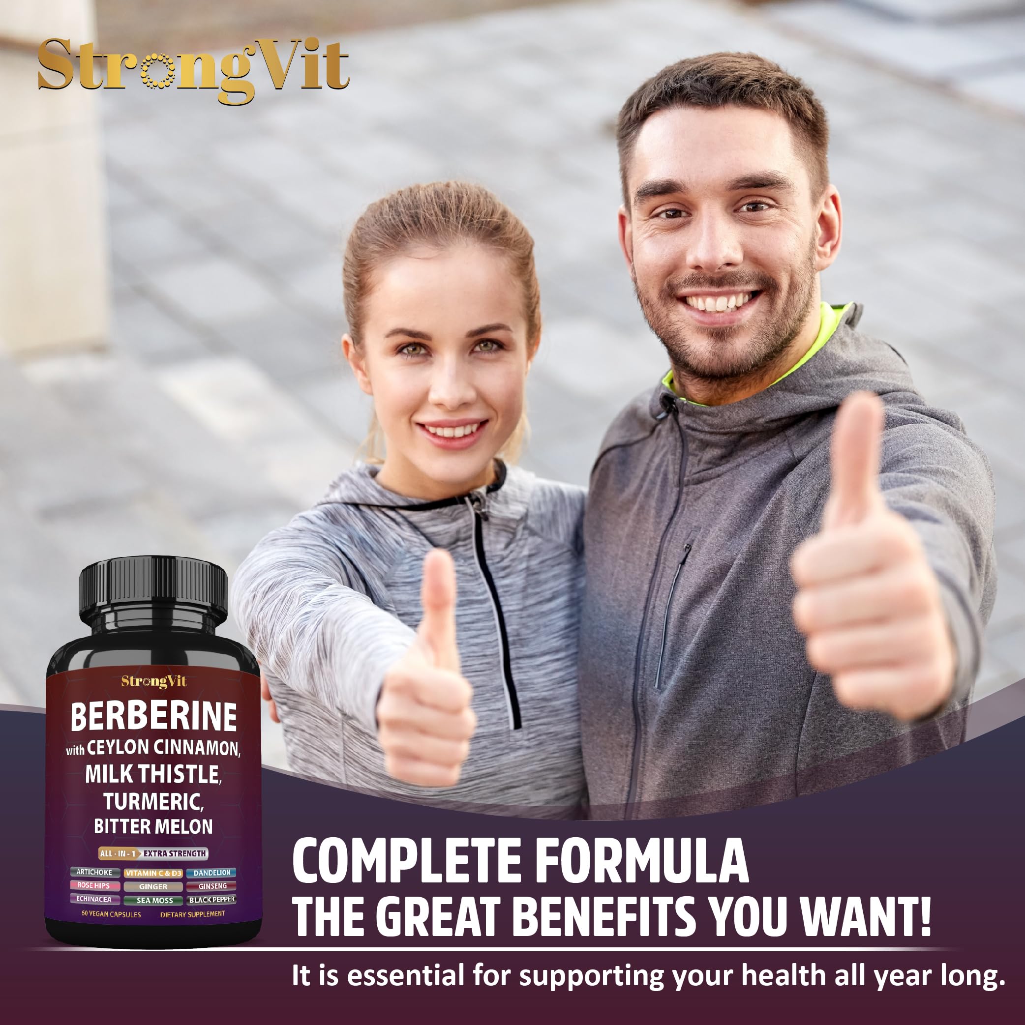 StrongVit vitamin C and D3 on packaging aid daily nutrition.