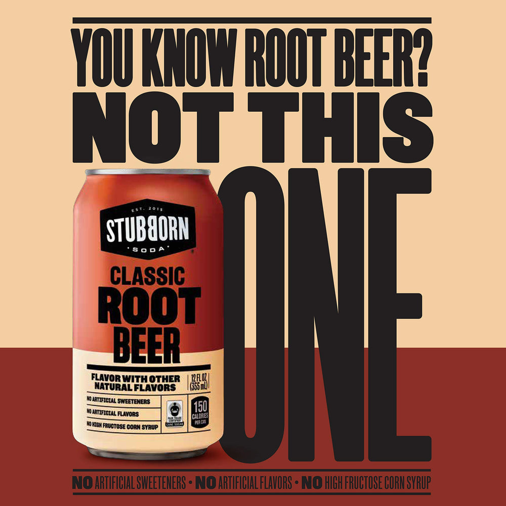 Stubborn Soda Fair Trade cane sugar label highlights ethical sourcing.