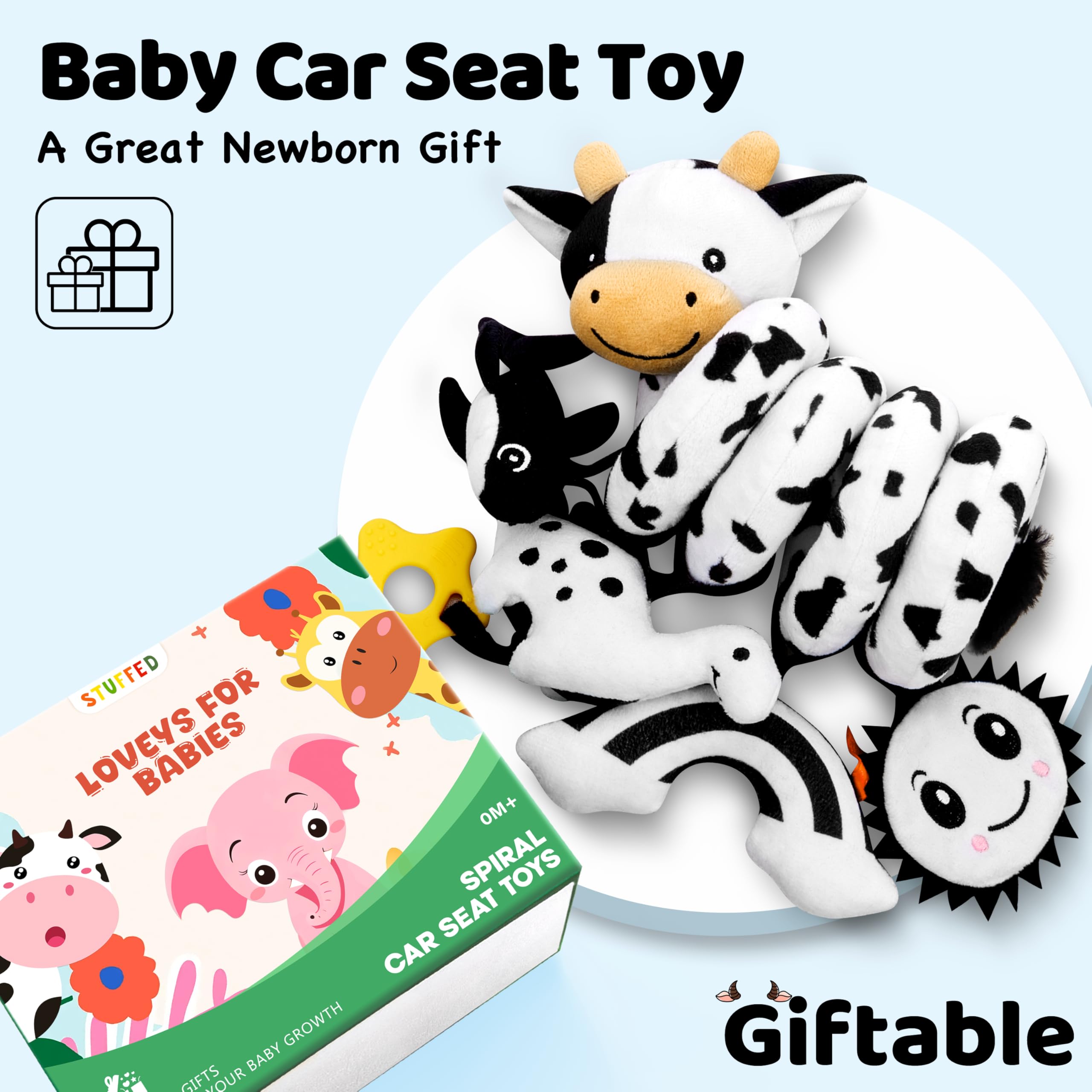 Stuffed car-seat clip attachment secures the toy on strollers.