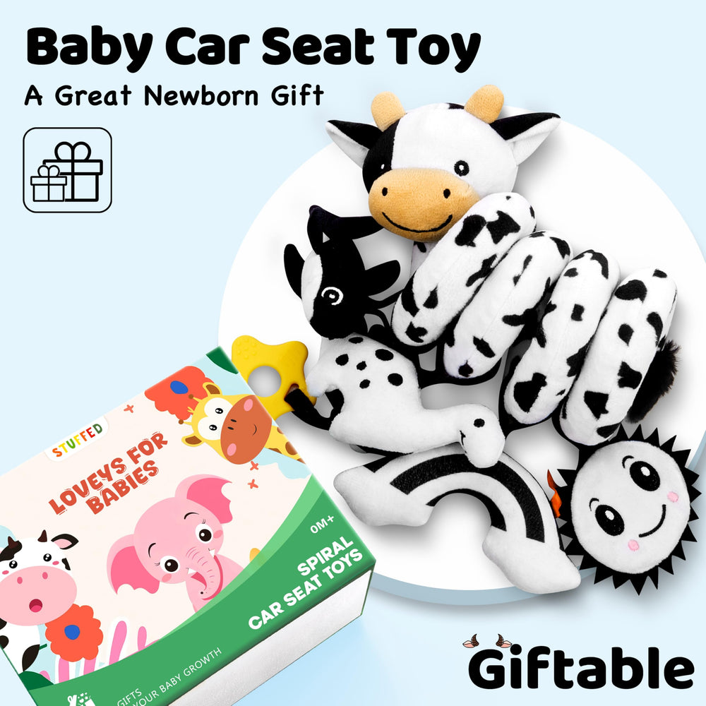 Stuffed car-seat clip attachment secures the toy on strollers.