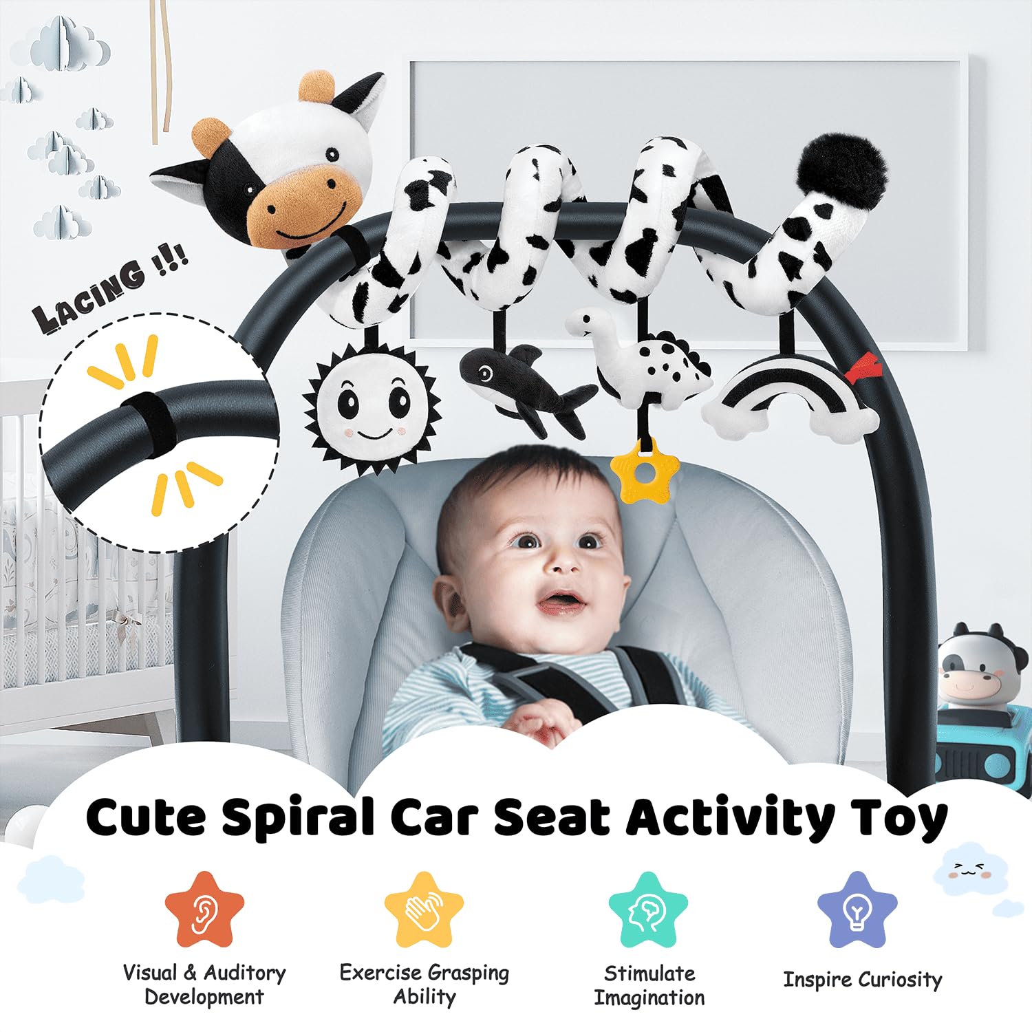 Stuffed detachable plush toys enable versatile play away from the car.