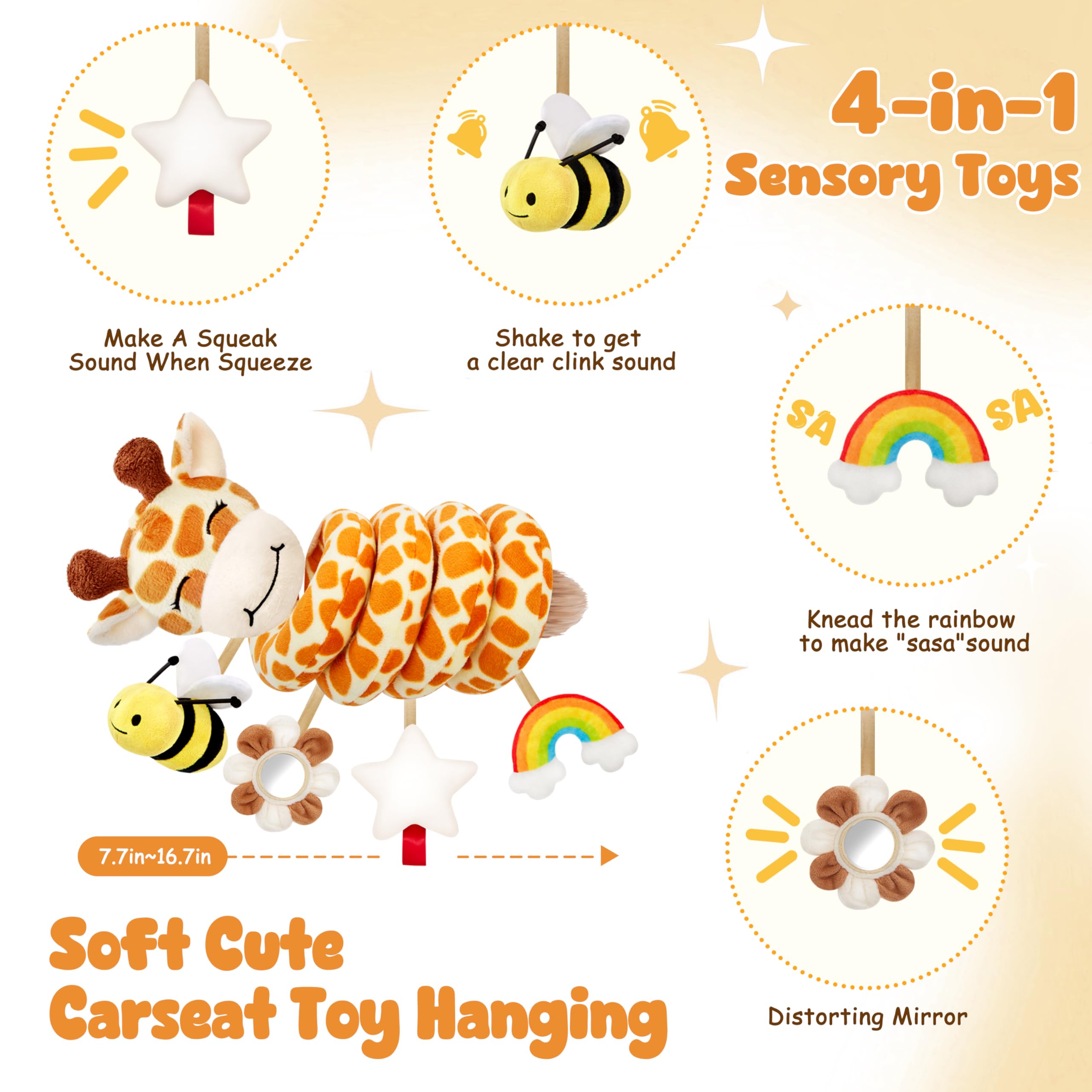 Stuffed giraffe bells squeaker set adds gentle sounds to attract baby.