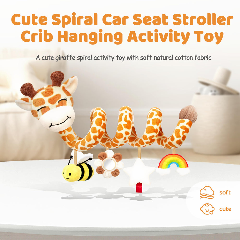 Stuffed giraffe clip attachment secures to stroller or car seat handles for on-the-go play.